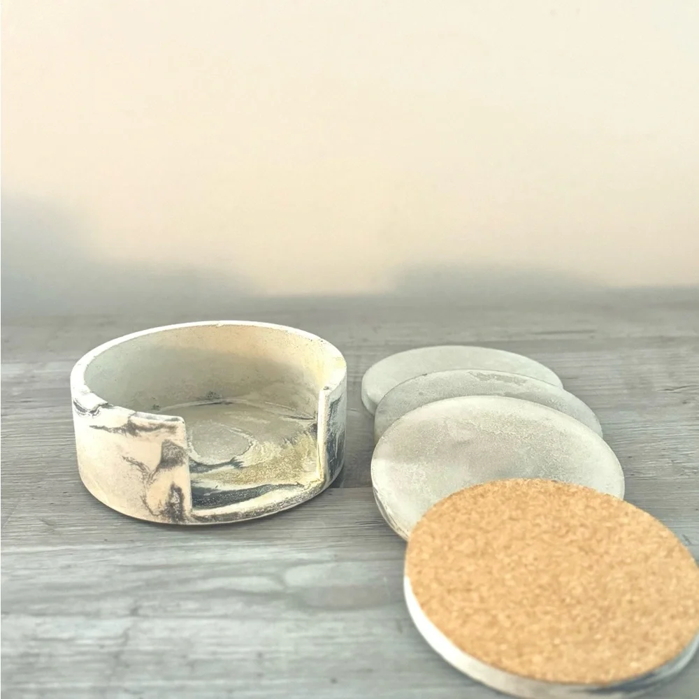 Handmade Marbled Concrete Coasters Set of 4 with holder– Waterproof, Cork-Backed